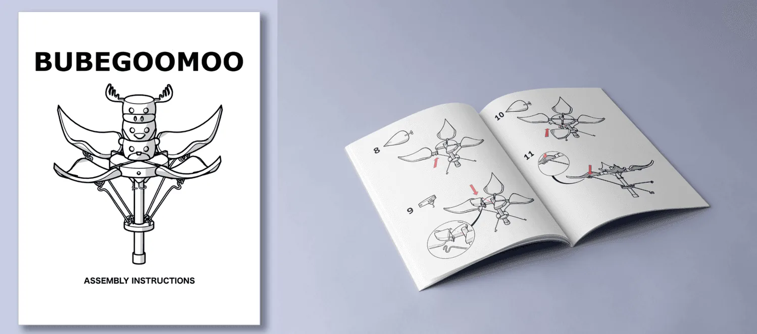 The BuBeGooMoo assembly instruction booklet, cover and an interior spread of numbered steps