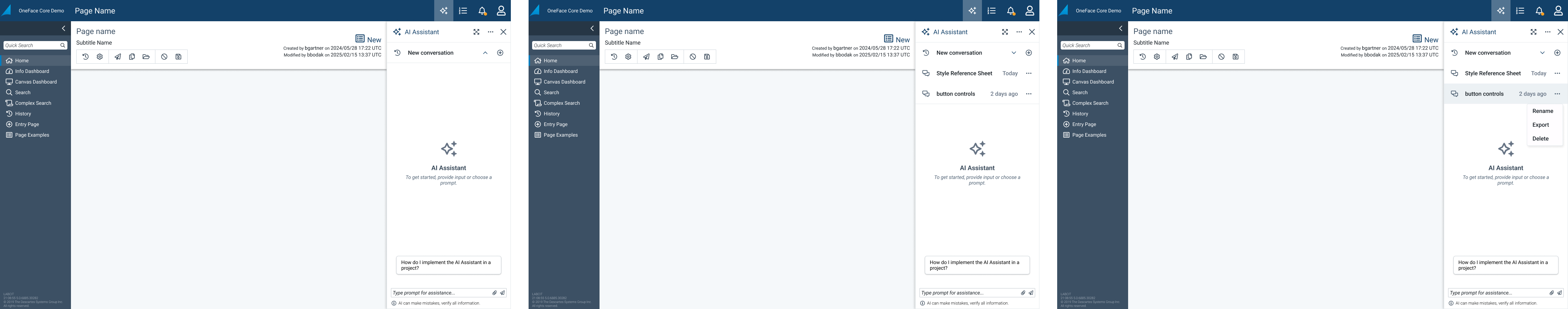 A row of finalized screen states for the AI Assistant conversation selector