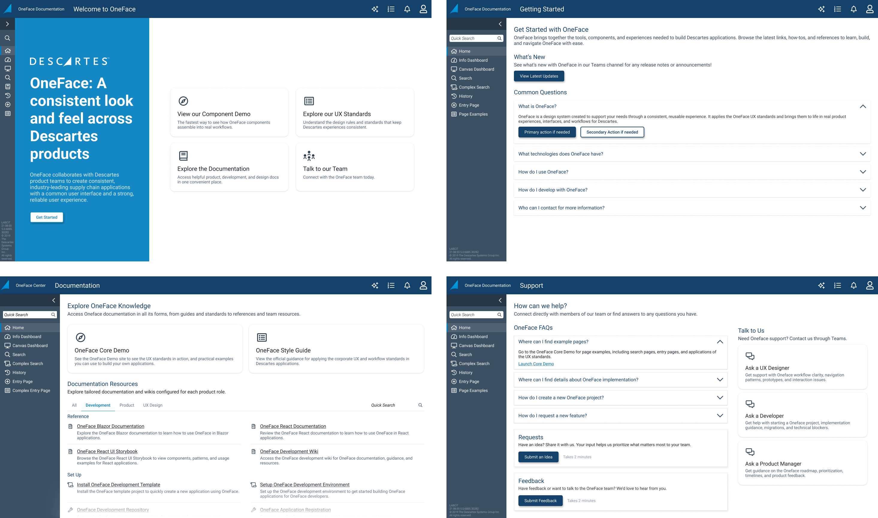 Finalized OneFace Documentation Home pages: the landing page with its blue hero, plus the documentation, knowledge and support pages