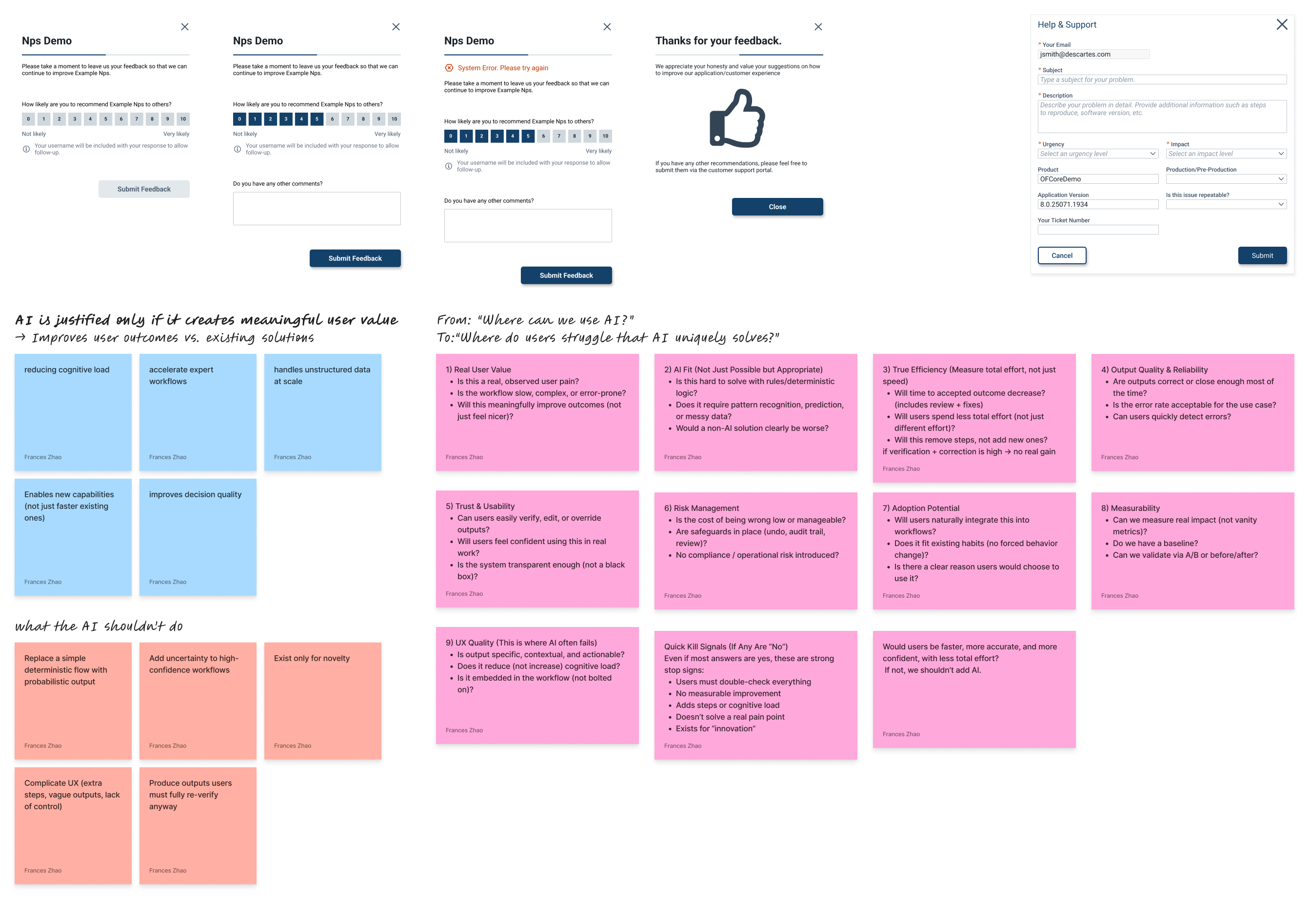 A collage of miscellaneous term work: NPS survey states, a refreshed login exploration, and boards of pink and orange research sticky notes