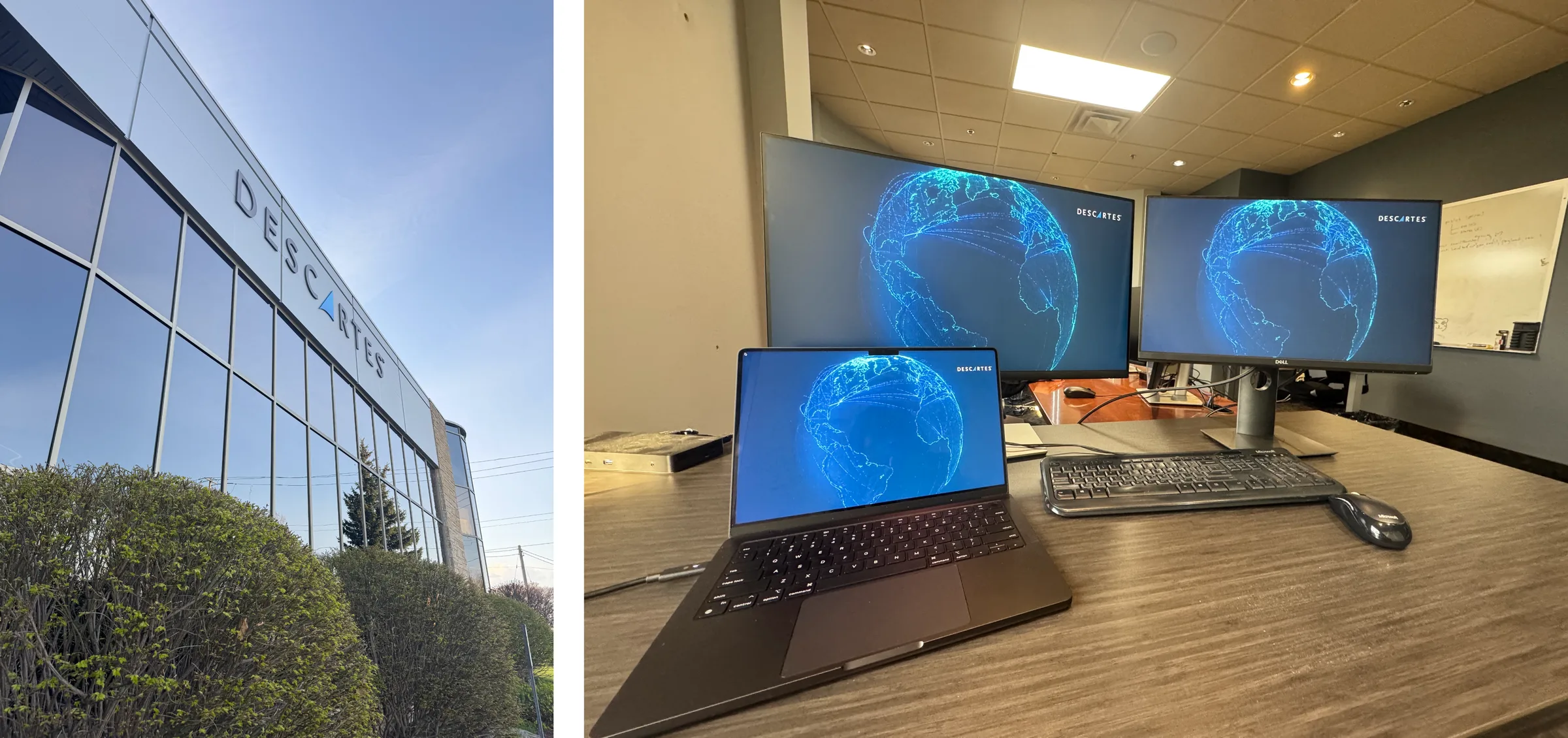 Two photos side by side: the Descartes office building from outside, and a desk setup with a laptop and two monitors showing a blue globe