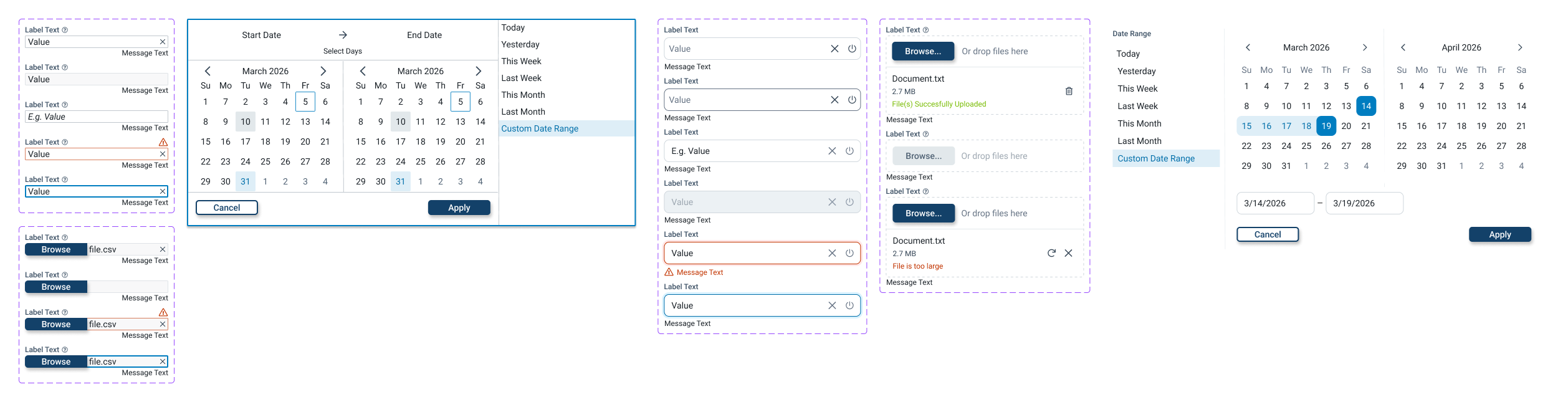 A wide strip comparing old and new OneFace input controls: text inputs, dropdowns, combo boxes, checkboxes, radio buttons and date controls, before and after the style refresh
