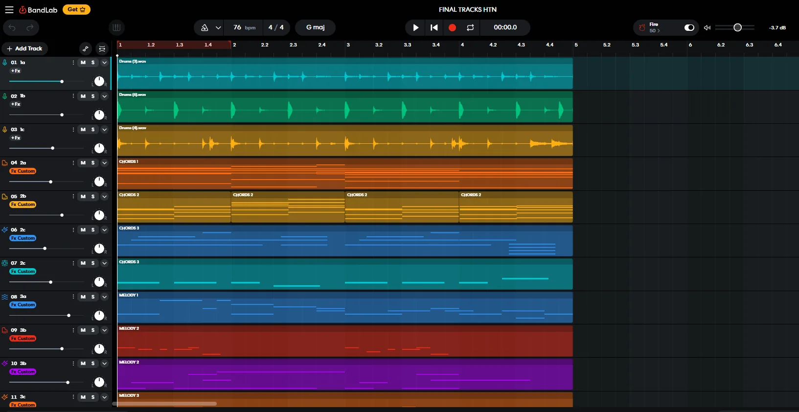 The nine audio loops laid out as coloured tracks in BandLab: three beats, three chords and three melodies, all cut to the same length