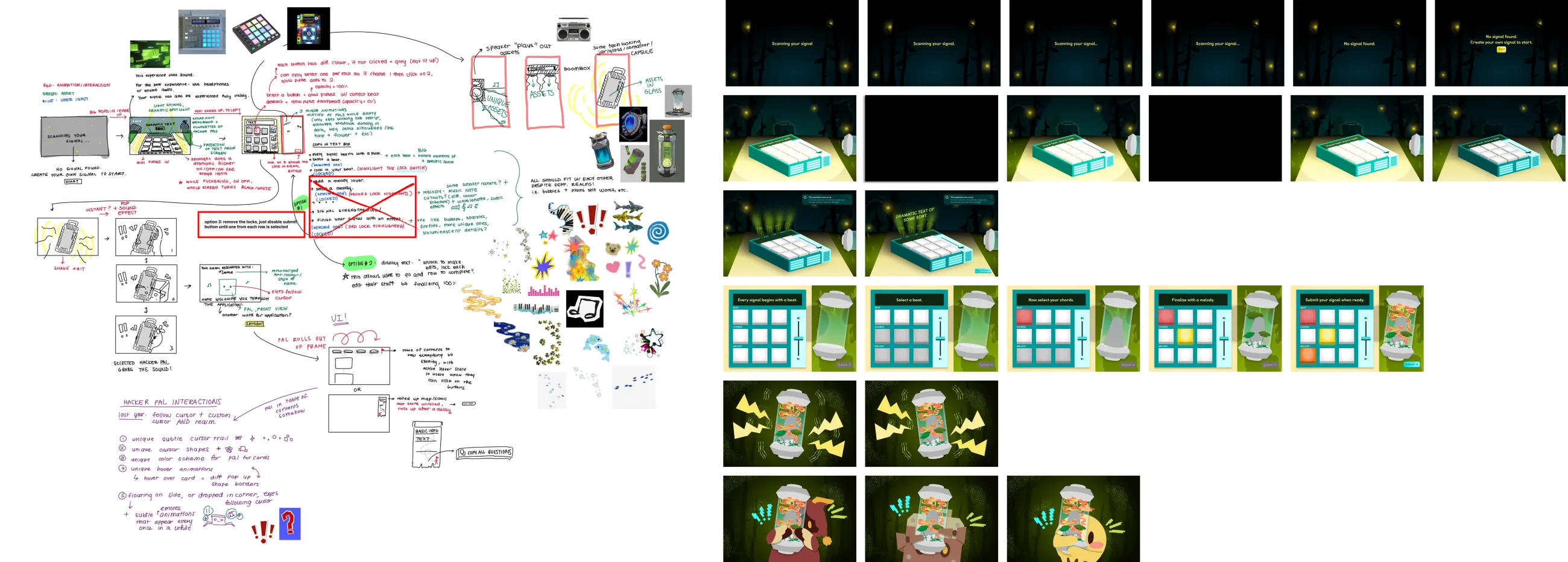 Annotated mid-fidelity board: interaction notes on the left, and the pre-application flow from signal scan through the beat, chord and melody grid to the Hack Pal reveal on the right