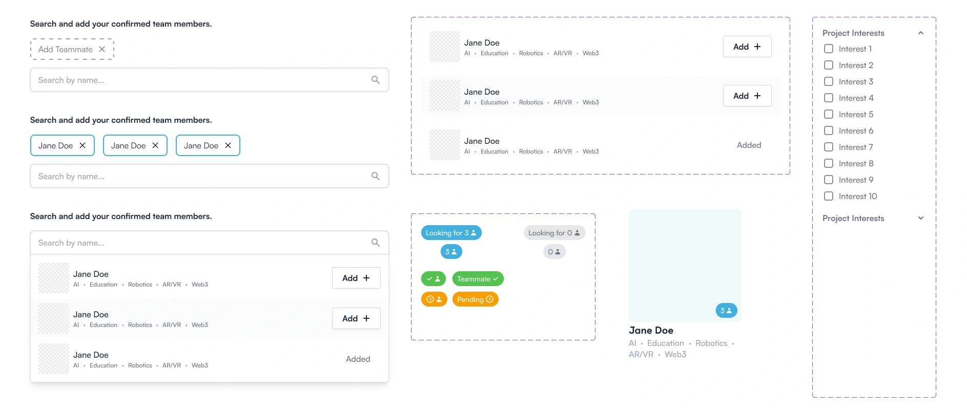 The directory's component set: teammate search rows, added-member chips, skill tags, a profile card and a project-interest checklist, each with its variants