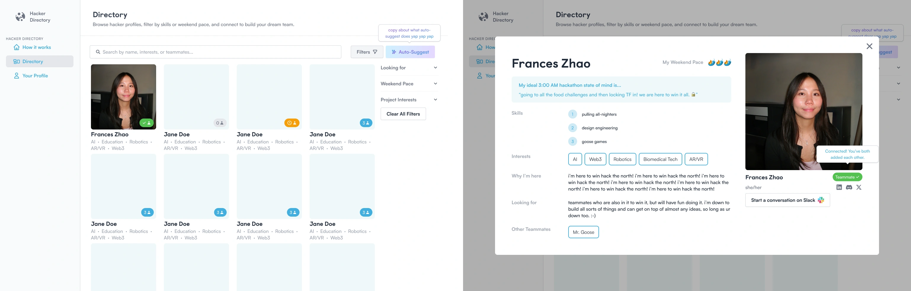 The directory in light and dark: a grid of hacker profile cards with search, skill and weekend-pace filters, beside an opened profile preview