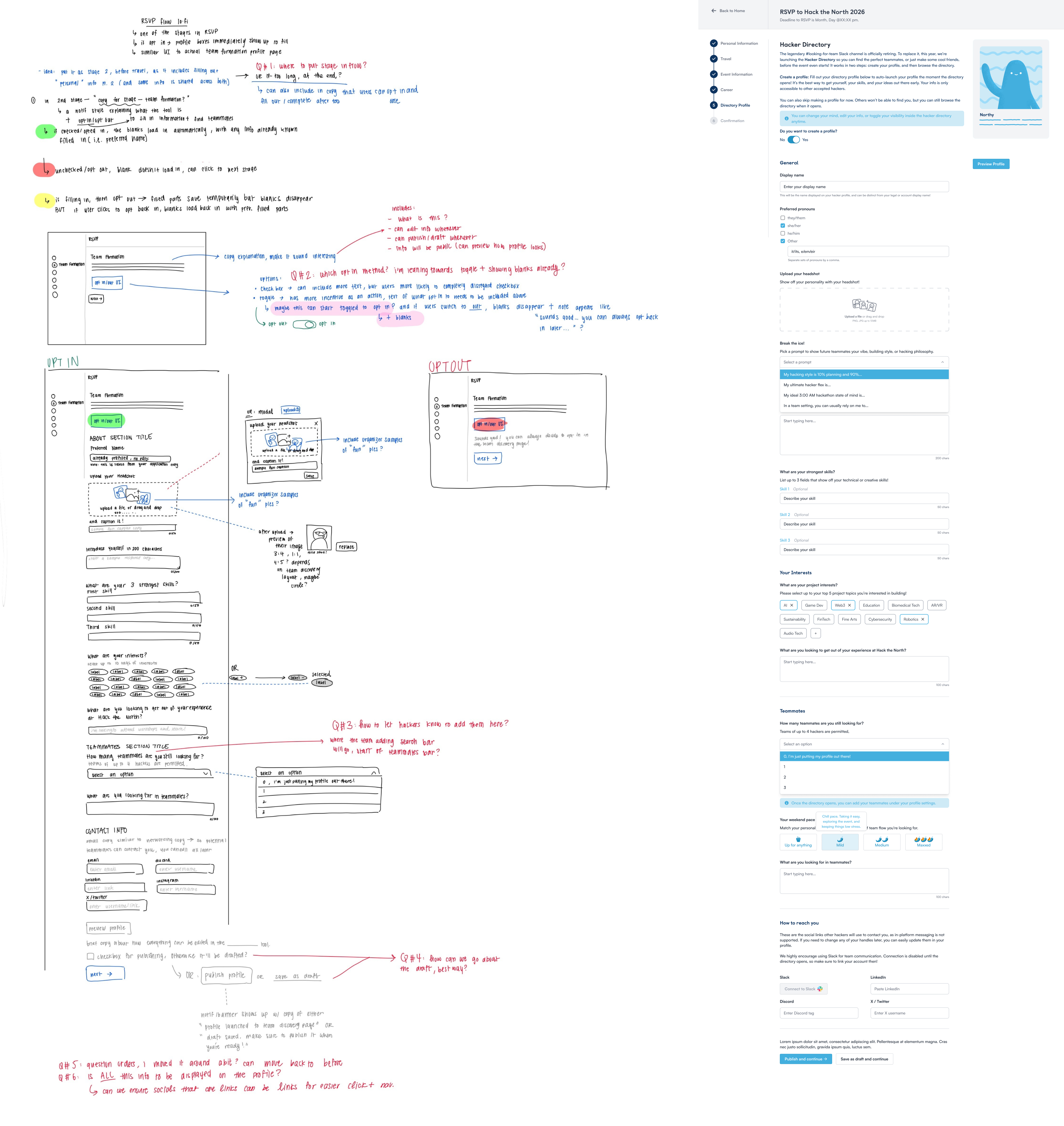 The RSVP board: annotated flow sketches and branching notes on the left, and the high-fidelity profile creation screens on the right
