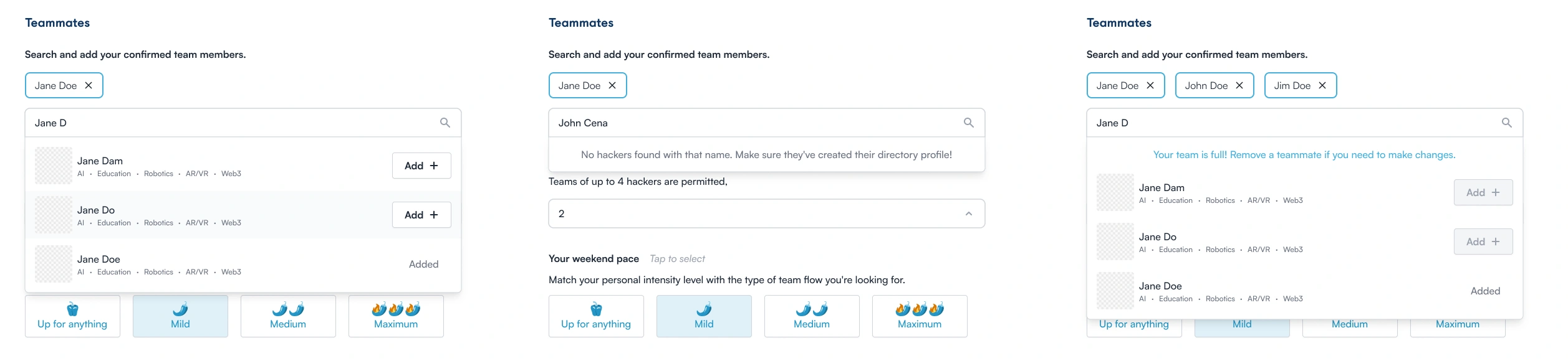 Three states of the teammate-adding panel side by side: empty search, a confirmed teammate added, and the list at capacity
