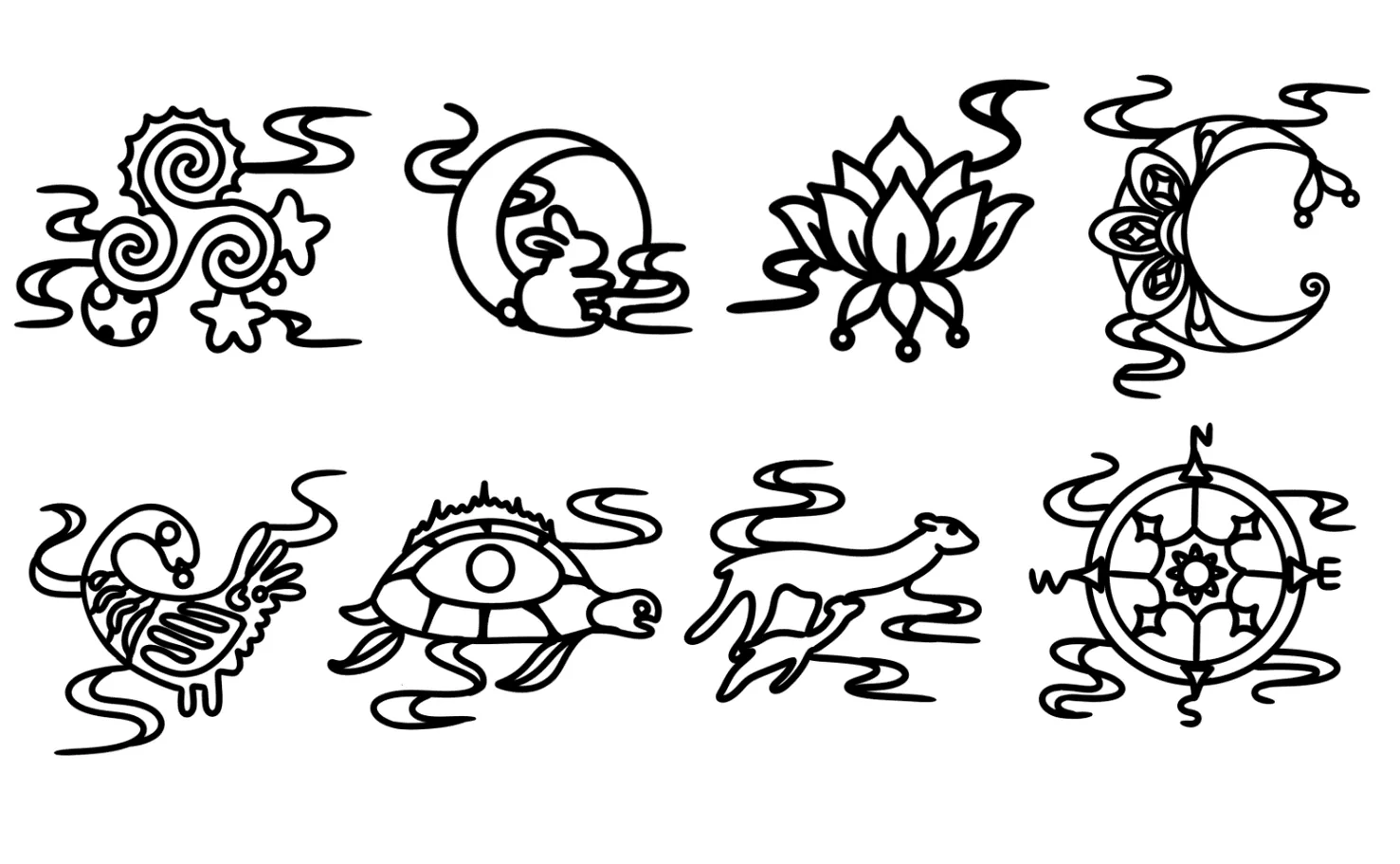 The eight wire-frame emblems, one per culture: a triskelion, a moon rabbit, a lotus, a crescent with mandala, a phoenix, a turtle, a running hare, and a compass rose
