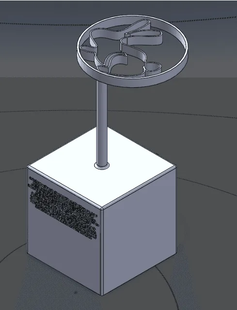 A rendered pillar, the wire emblem held in a ring above the plinth and the braille panel set into its side